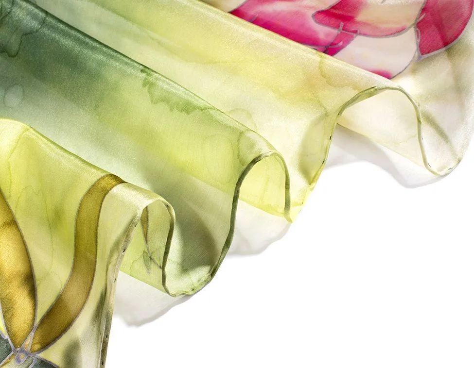 Long Hand Painted Silk Scarf - Water Garden