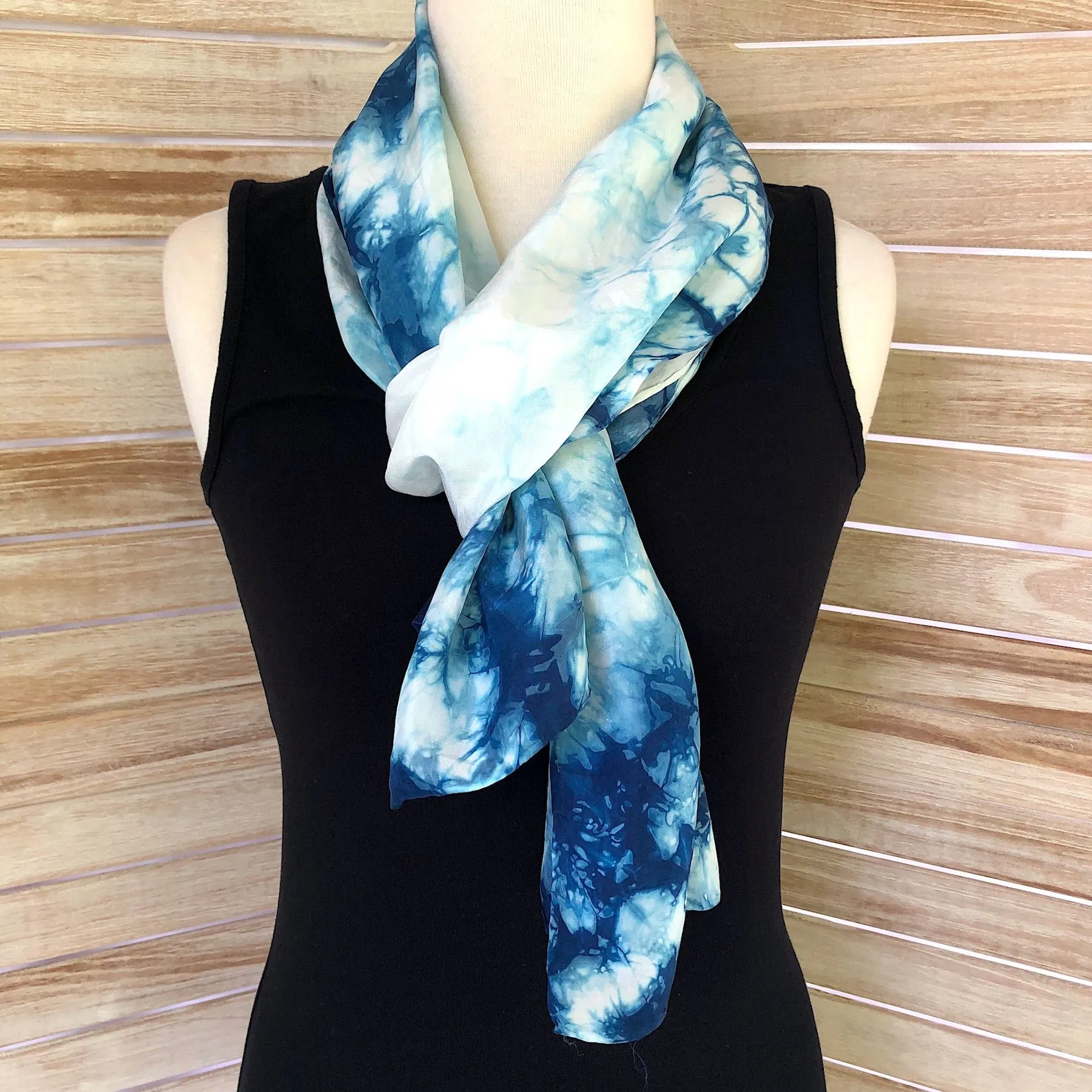 Long Silk Indigo Shibori Scarf - Cloud Design