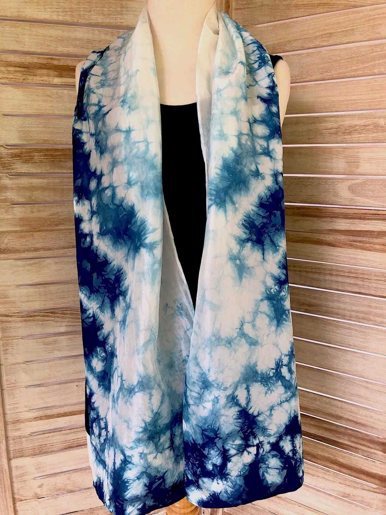 Long Silk Indigo Shibori Scarf - Cloud Design