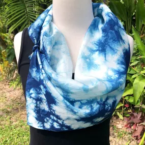 Long Silk Indigo Shibori Scarf - Cloud Design