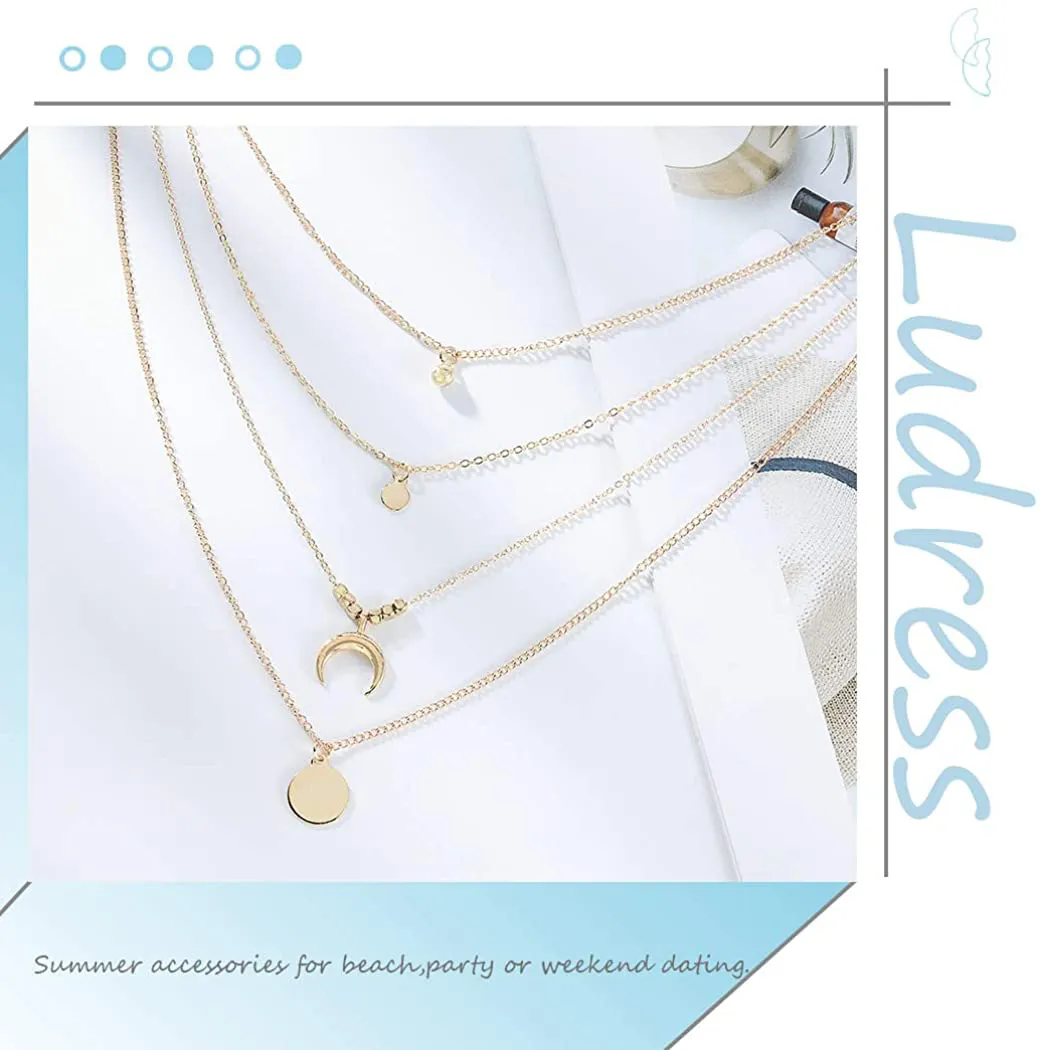 Ludress Boho Layered Necklace Gold Rhinestone Pendant Necklaces Butterfly Moon Choker Neck Jewelry Accessories for Women and Girls