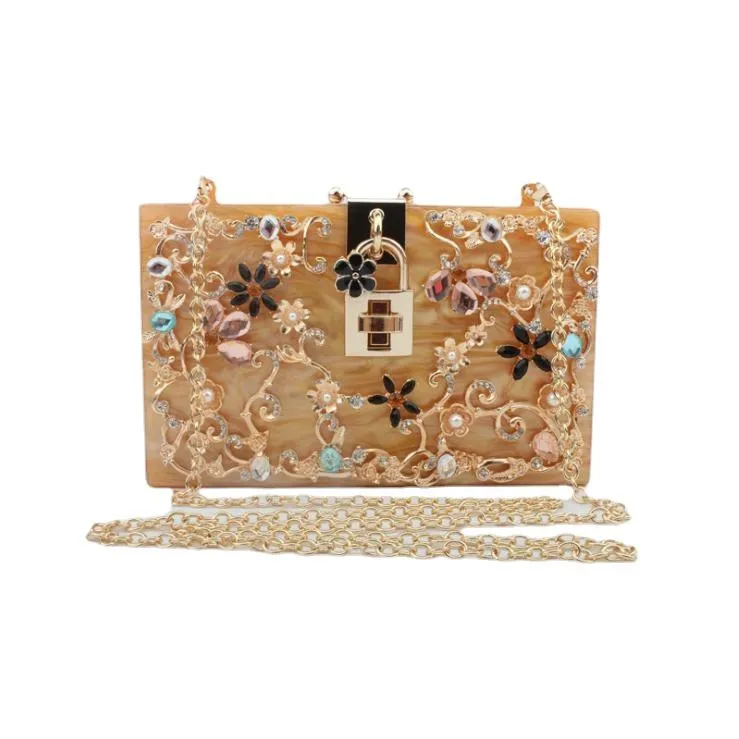 Luxury Trendy Women's Acrylic Box Clutch With Crystal Floral Pattern For Wedding Party