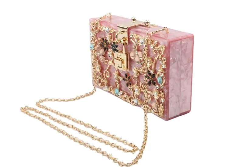 Luxury Trendy Women's Acrylic Box Clutch With Crystal Floral Pattern For Wedding Party