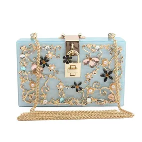 Luxury Trendy Women's Acrylic Box Clutch With Crystal Floral Pattern For Wedding Party