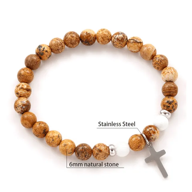 Natural Stone Bead Bracelet with Cross Charm