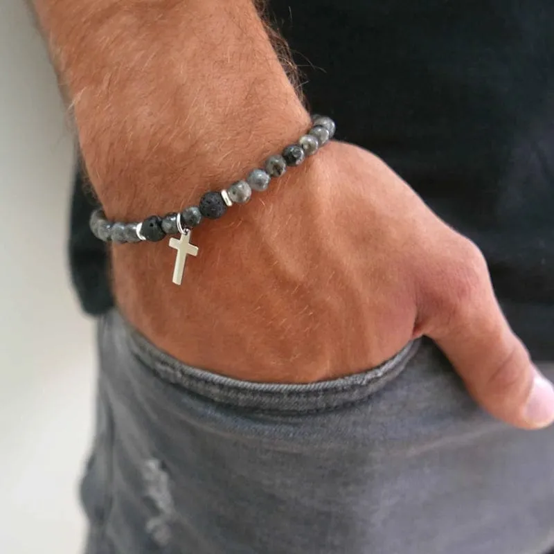 Natural Stone Bead Bracelet with Cross Charm