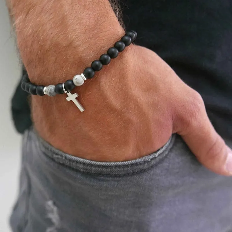 Natural Stone Bead Bracelet with Cross Charm