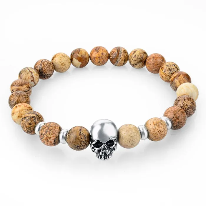 Natural Stone Beads Silver Skull Bracelets For Men Women Male Tiger Eye Casual Jewelry