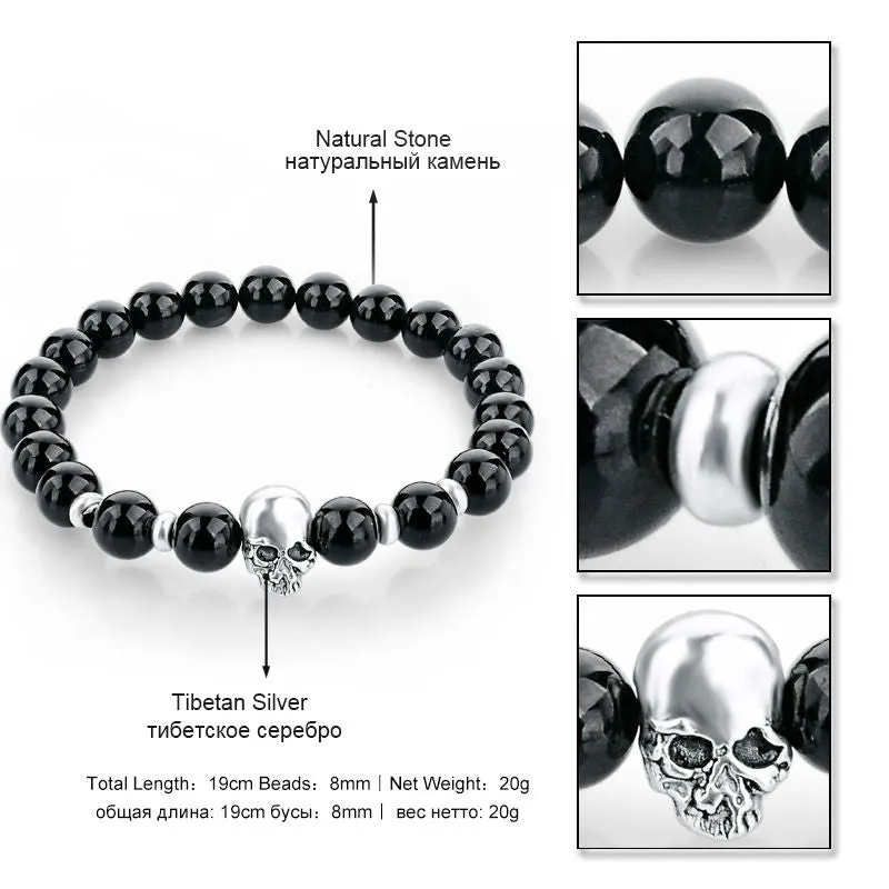 Natural Stone Beads Silver Skull Bracelets For Men Women Male Tiger Eye Casual Jewelry