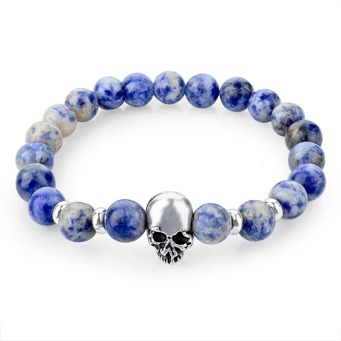 Natural Stone Beads Silver Skull Bracelets For Men Women Male Tiger Eye Casual Jewelry