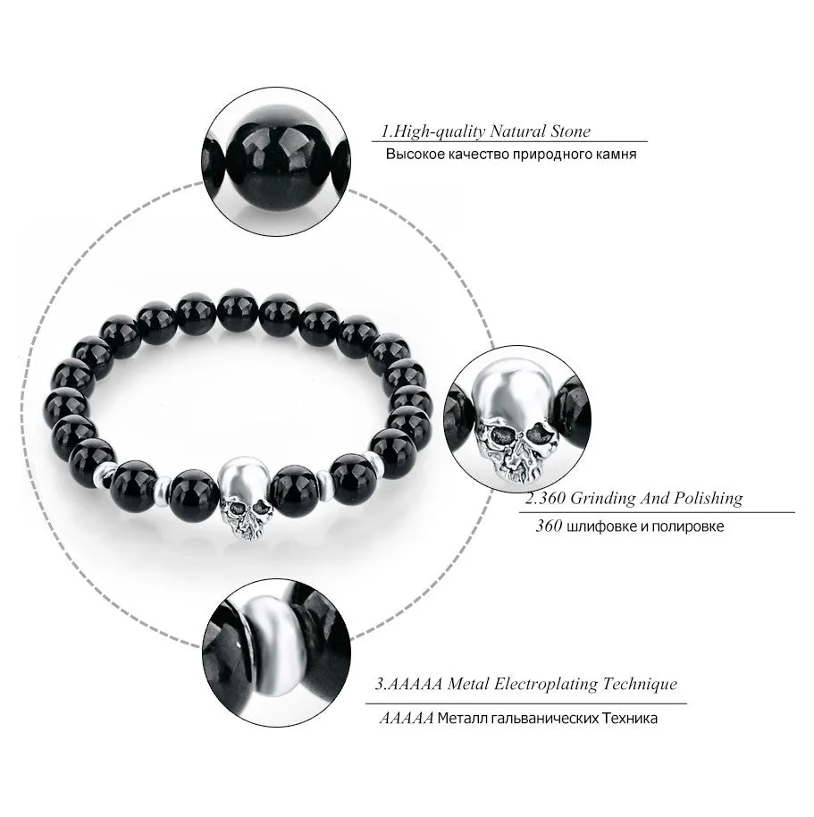 Natural Stone Beads Silver Skull Bracelets For Men Women Male Tiger Eye Casual Jewelry