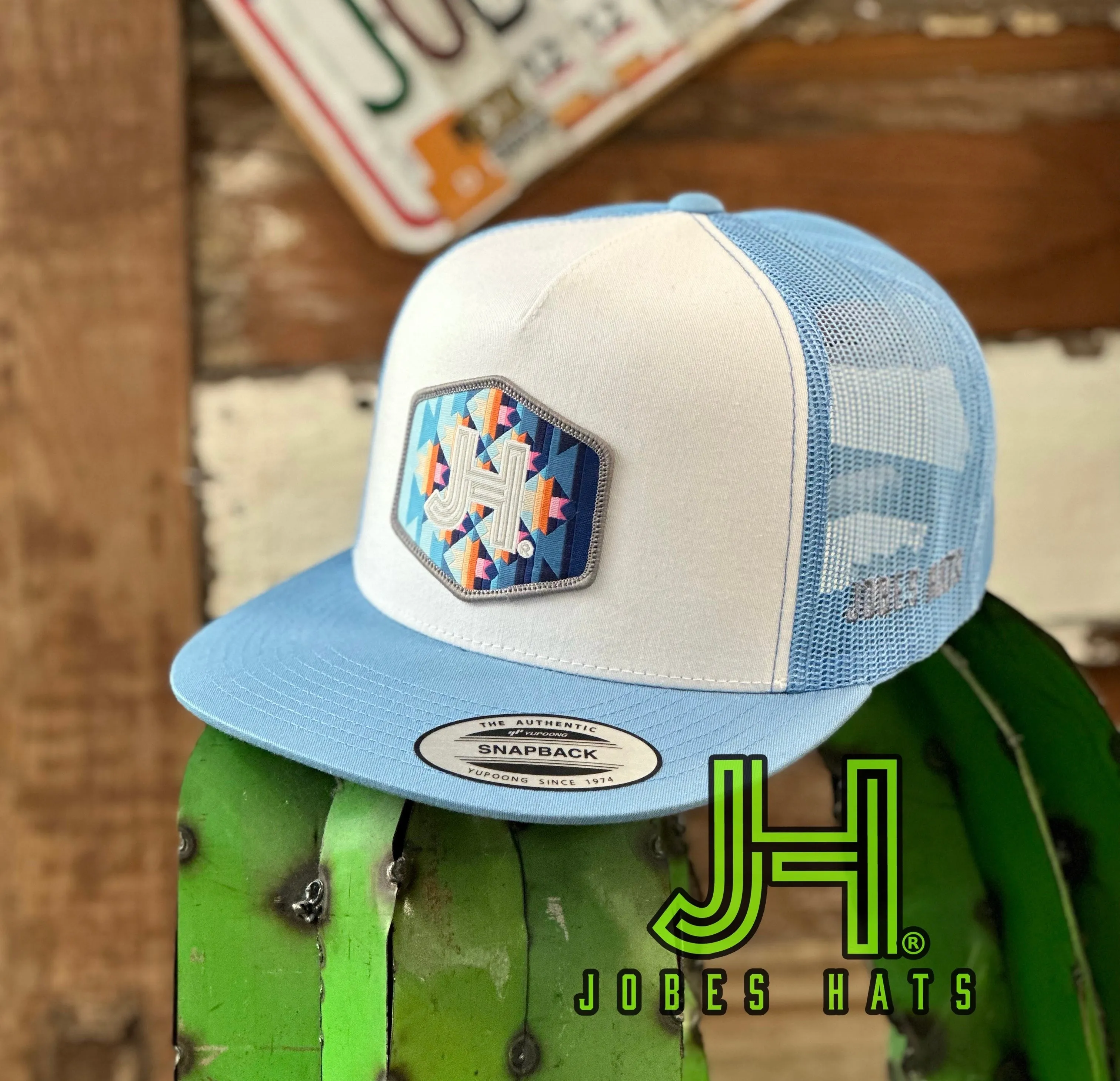 NEW 2023 Jobes Trucker Cap - White/Baby Blue multi color Aztec patch