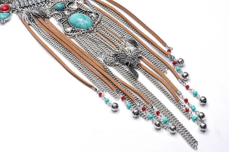 New Fashion Vintage Necklace Women Acrylic Beads Bohemian Kolye Leaves Leather Tassel Exo Choker Statement Necklaces & Pendants