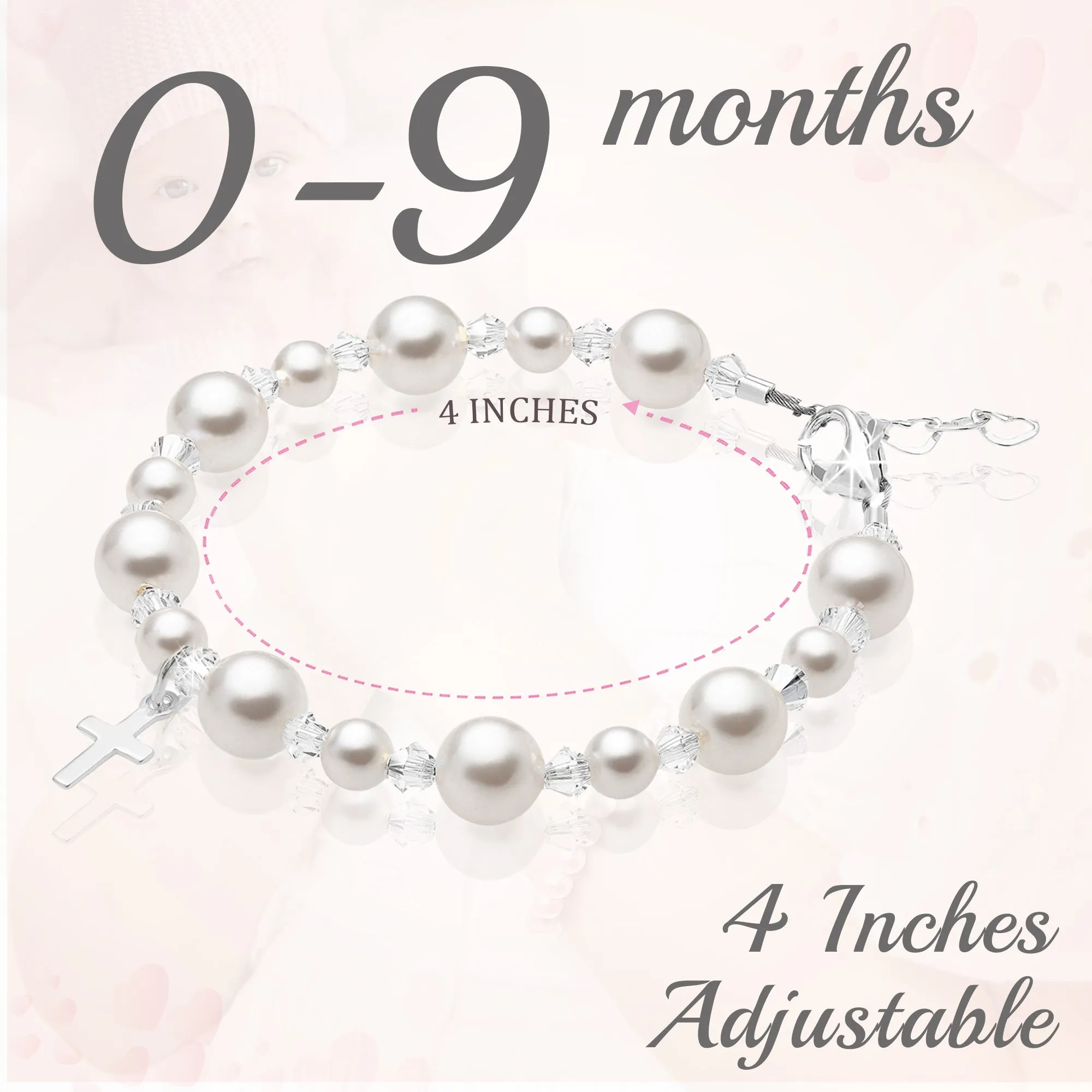 NewBorn Baby Baptism & Christening White Pearl Sterling silver Cross Charm Bracelet