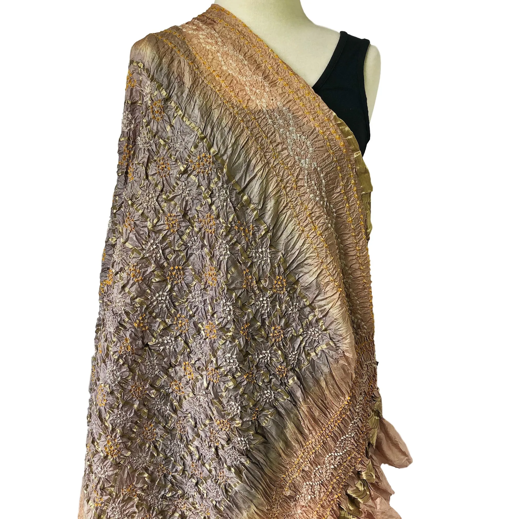 Oversize Silk Bandhani Scarf - Silver and Gold with Border