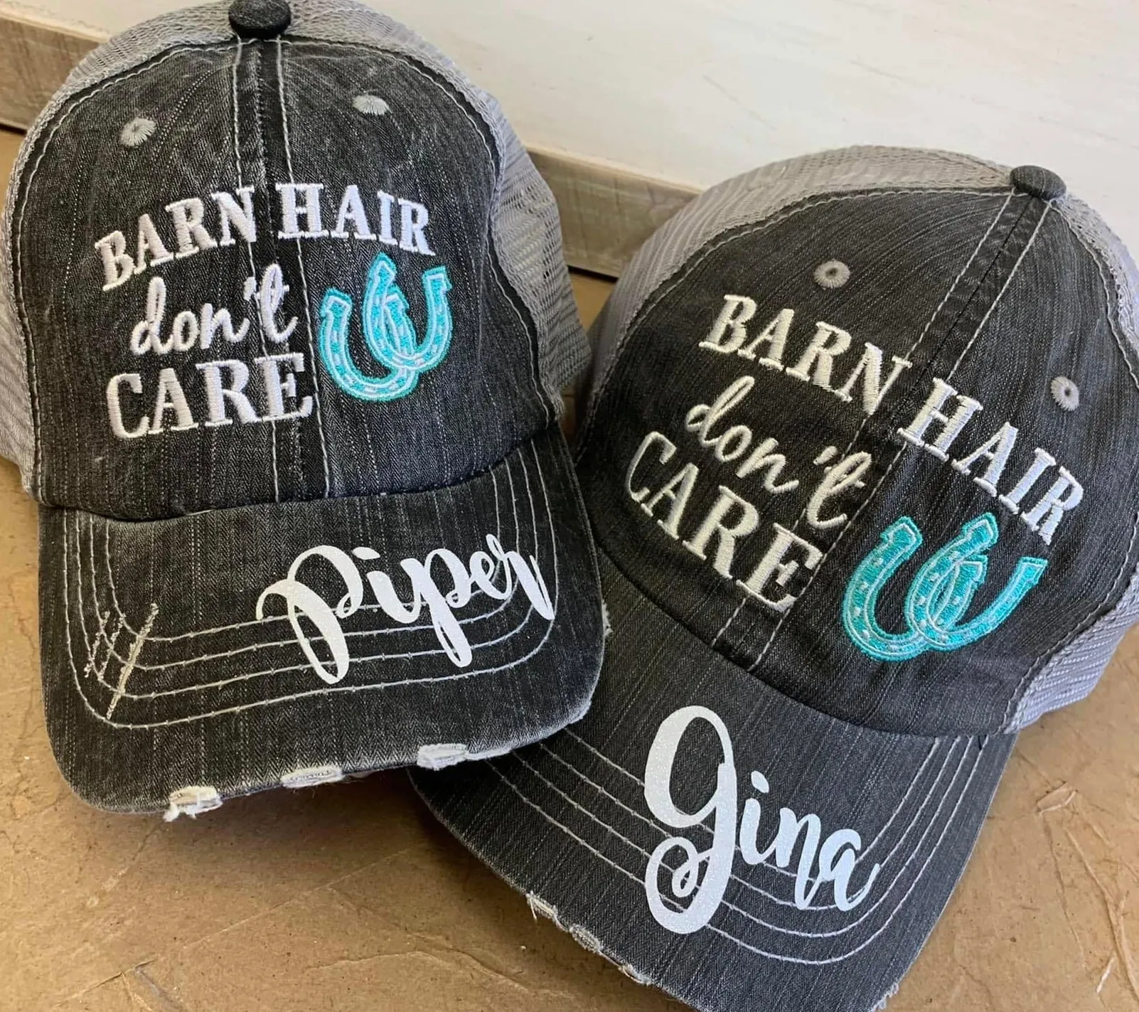 Personalized Barn Hats Barn hair dont care Personalize TEAL PINK or WHITE horseshoe Embroidered Distressed Horses Riding