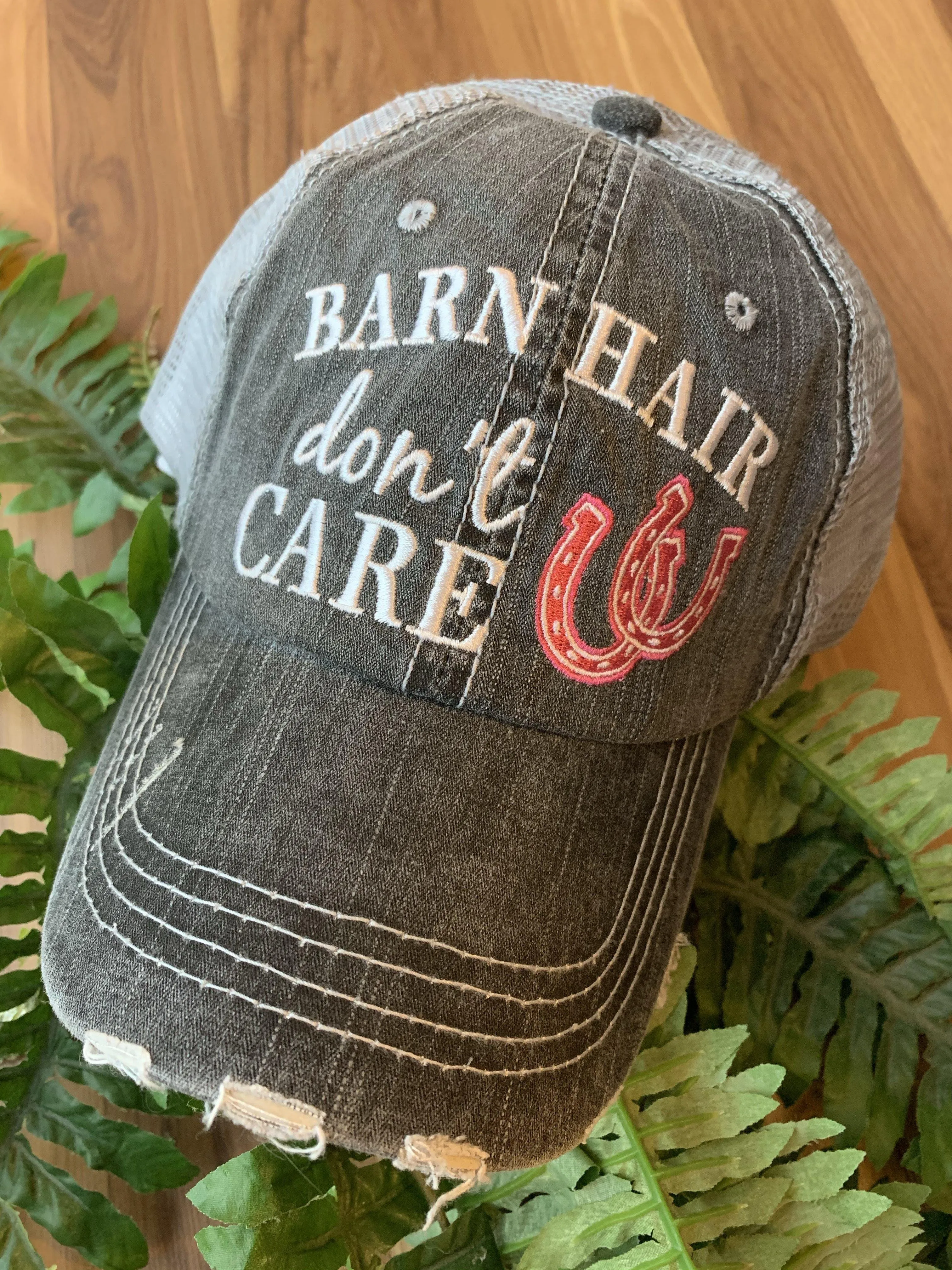 Personalized Barn Hats Barn hair dont care Personalize TEAL PINK or WHITE horseshoe Embroidered Distressed Horses Riding