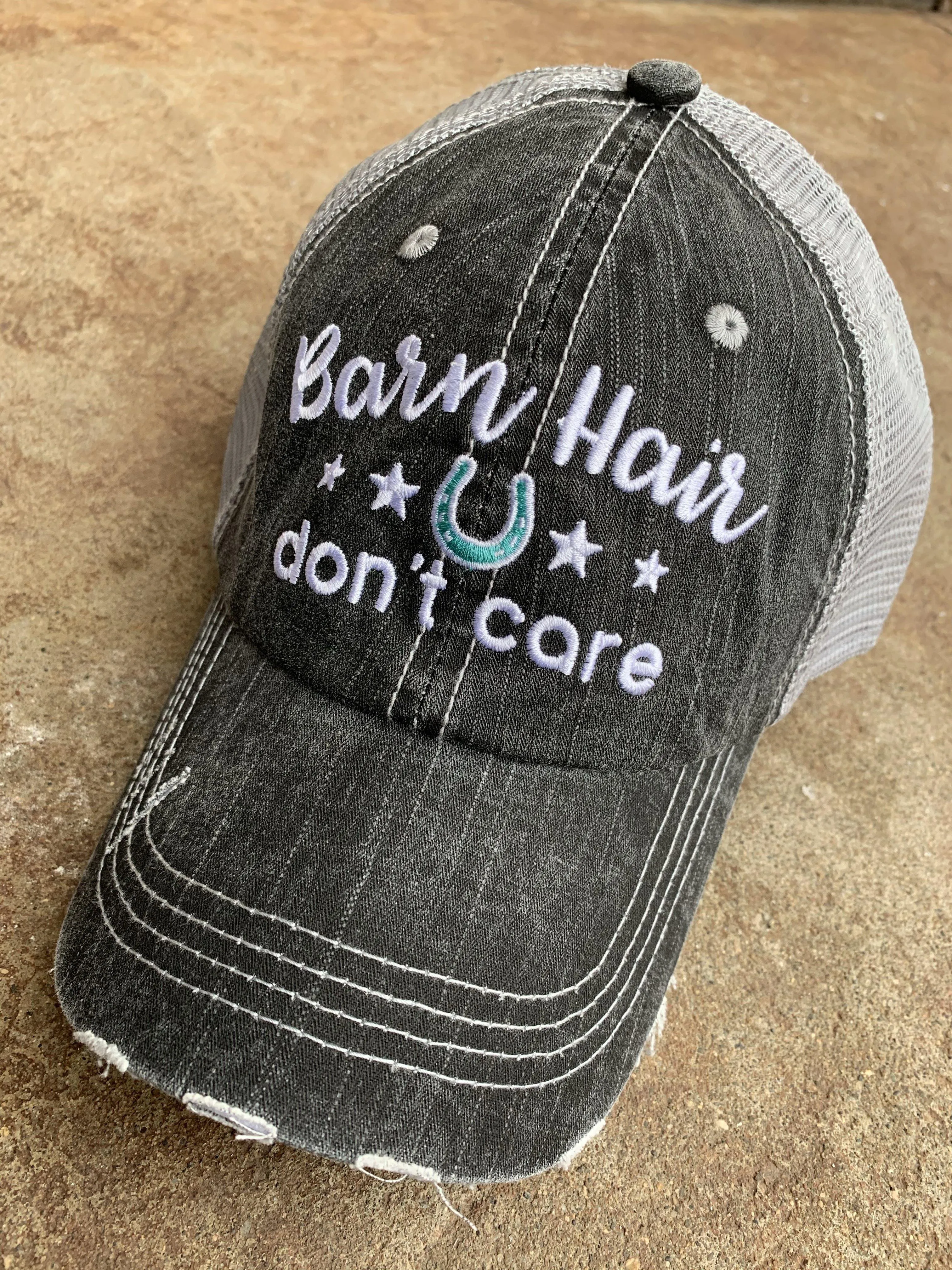 Personalized Barn Hats Barn hair dont care Personalize TEAL PINK or WHITE horseshoe Embroidered Distressed Horses Riding