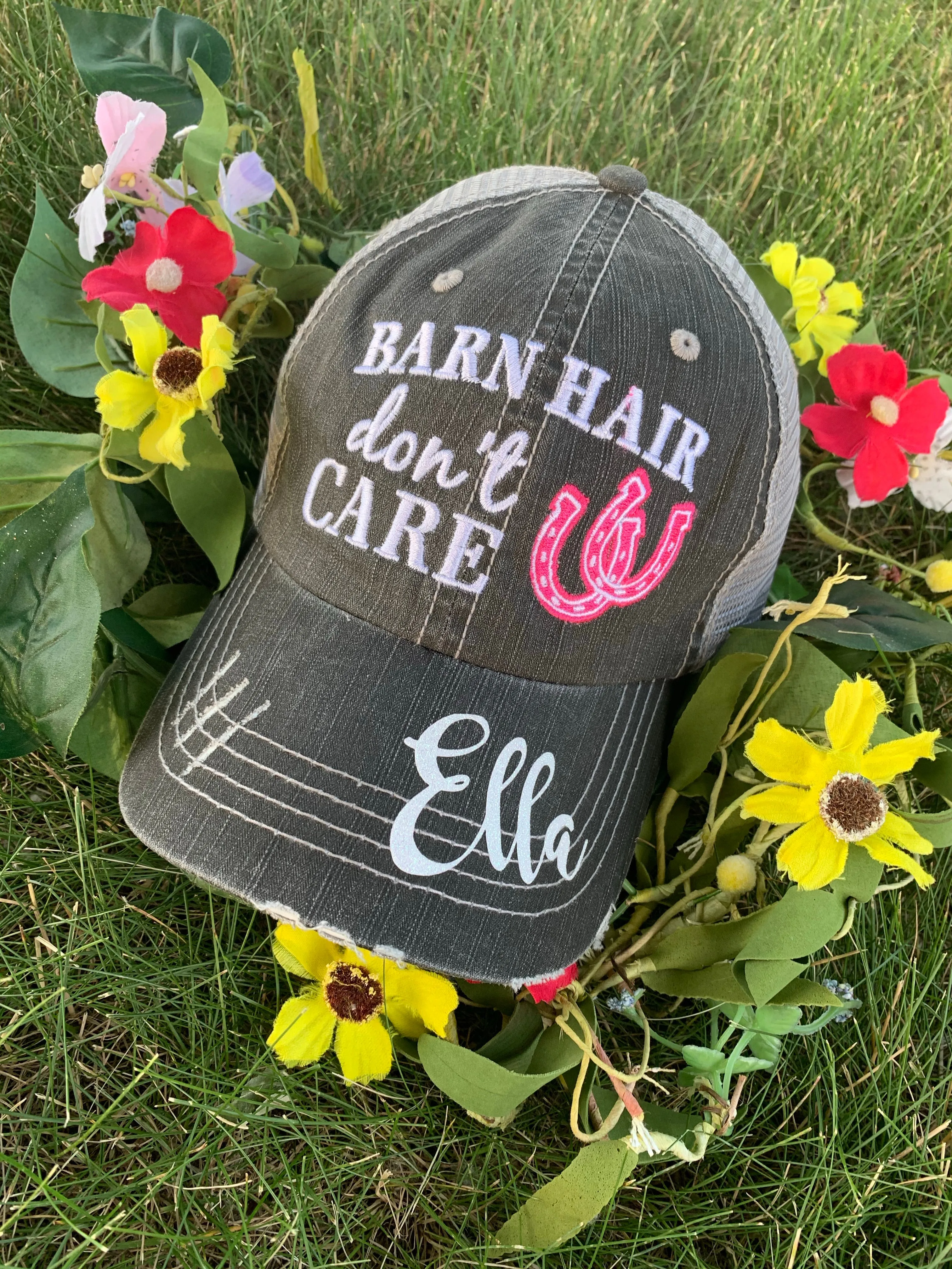 Personalized Barn Hats Barn hair dont care Personalize TEAL PINK or WHITE horseshoe Embroidered Distressed Horses Riding