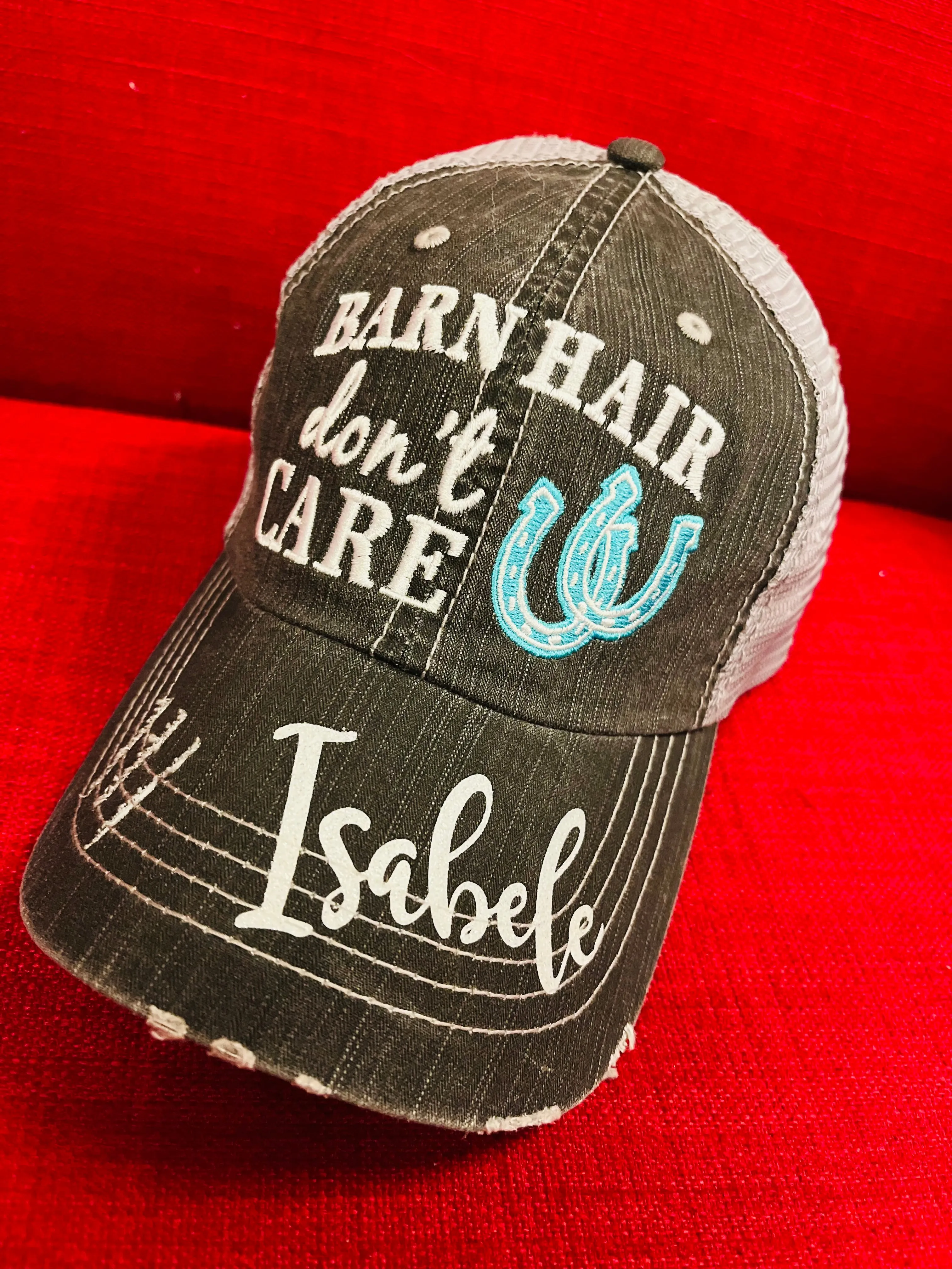 Personalized Barn Hats Barn hair dont care Personalize TEAL PINK or WHITE horseshoe Embroidered Distressed Horses Riding