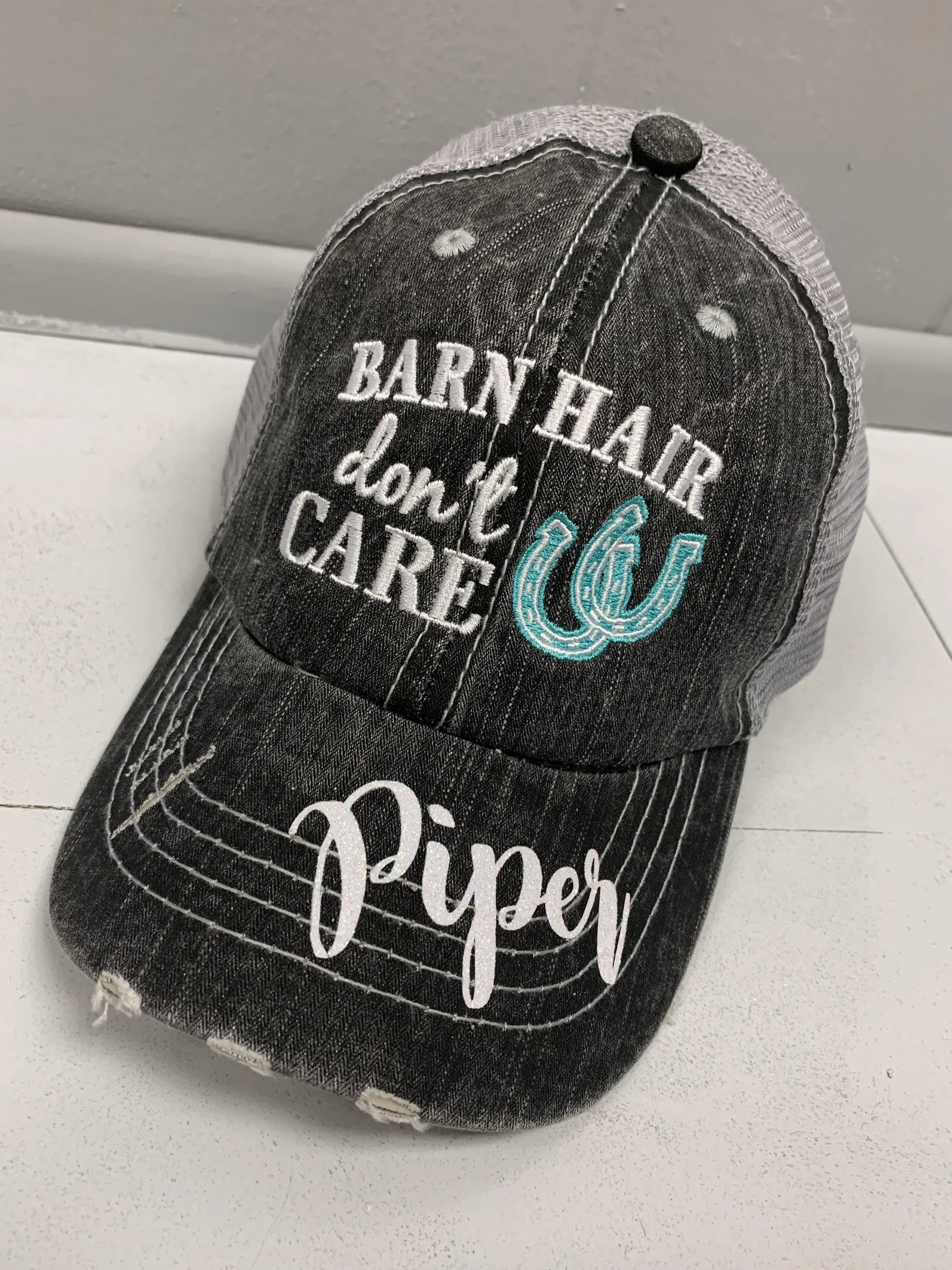 Personalized Barn Hats Barn hair dont care Personalize TEAL PINK or WHITE horseshoe Embroidered Distressed Horses Riding