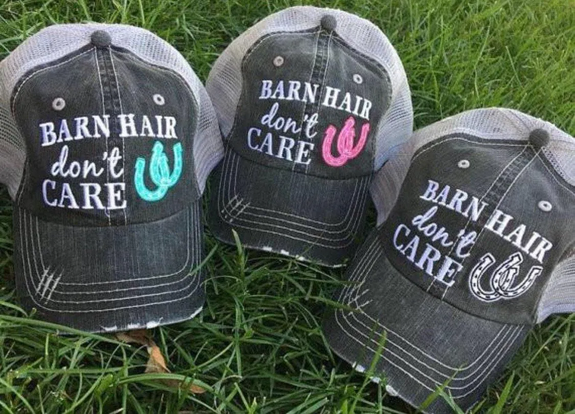 Personalized Barn Hats Barn hair dont care Personalize TEAL PINK or WHITE horseshoe Embroidered Distressed Horses Riding