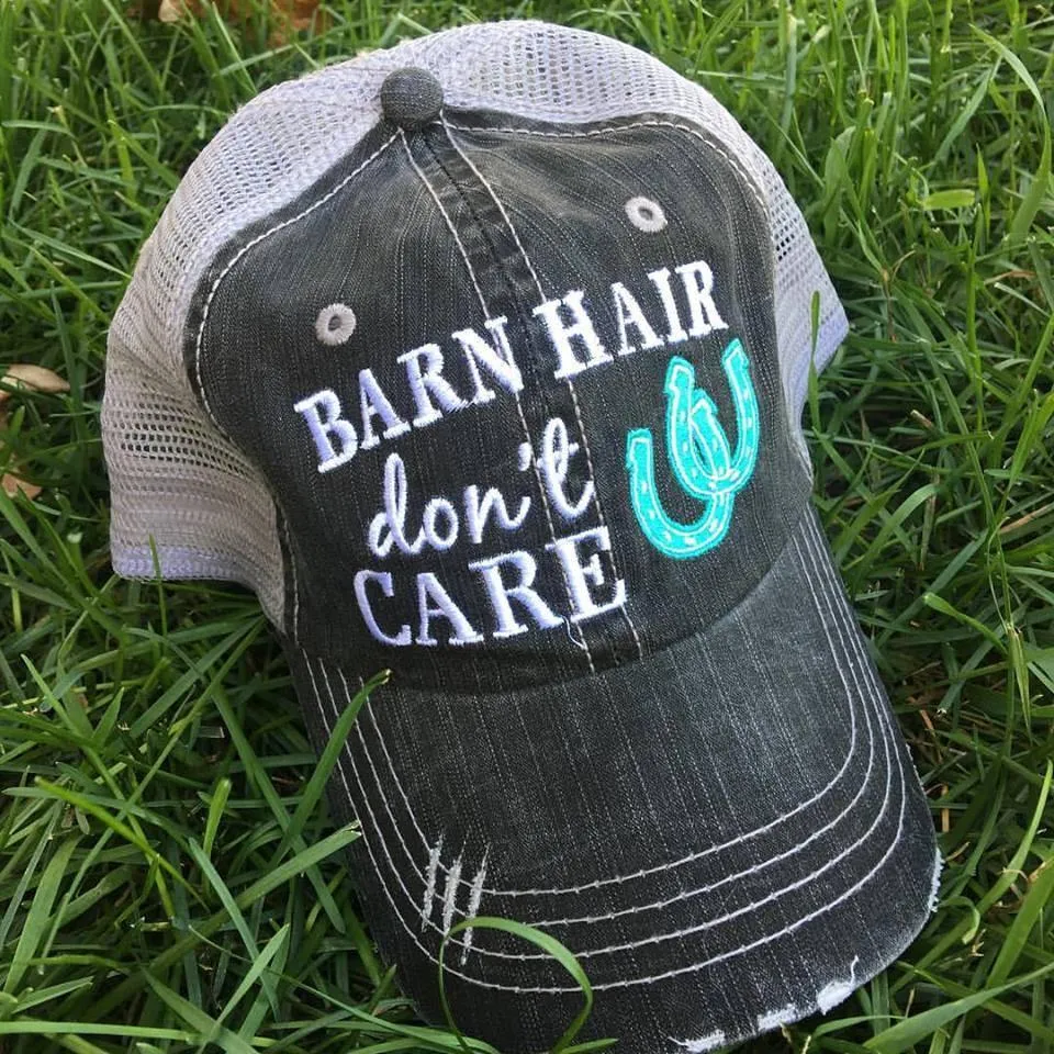 Personalized Barn Hats Barn hair dont care Personalize TEAL PINK or WHITE horseshoe Embroidered Distressed Horses Riding