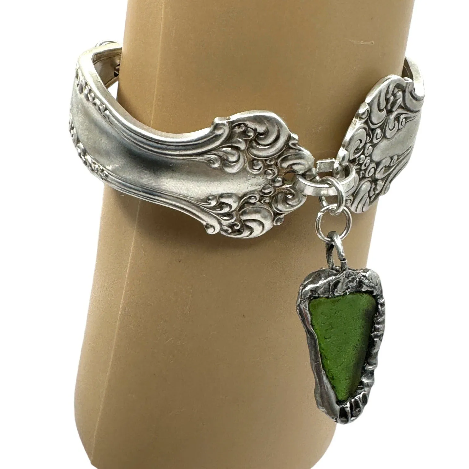 Sea Glass & Spoon Cuff Bracelet Artisan Crafted with Rogers Bros 1847 Spoons