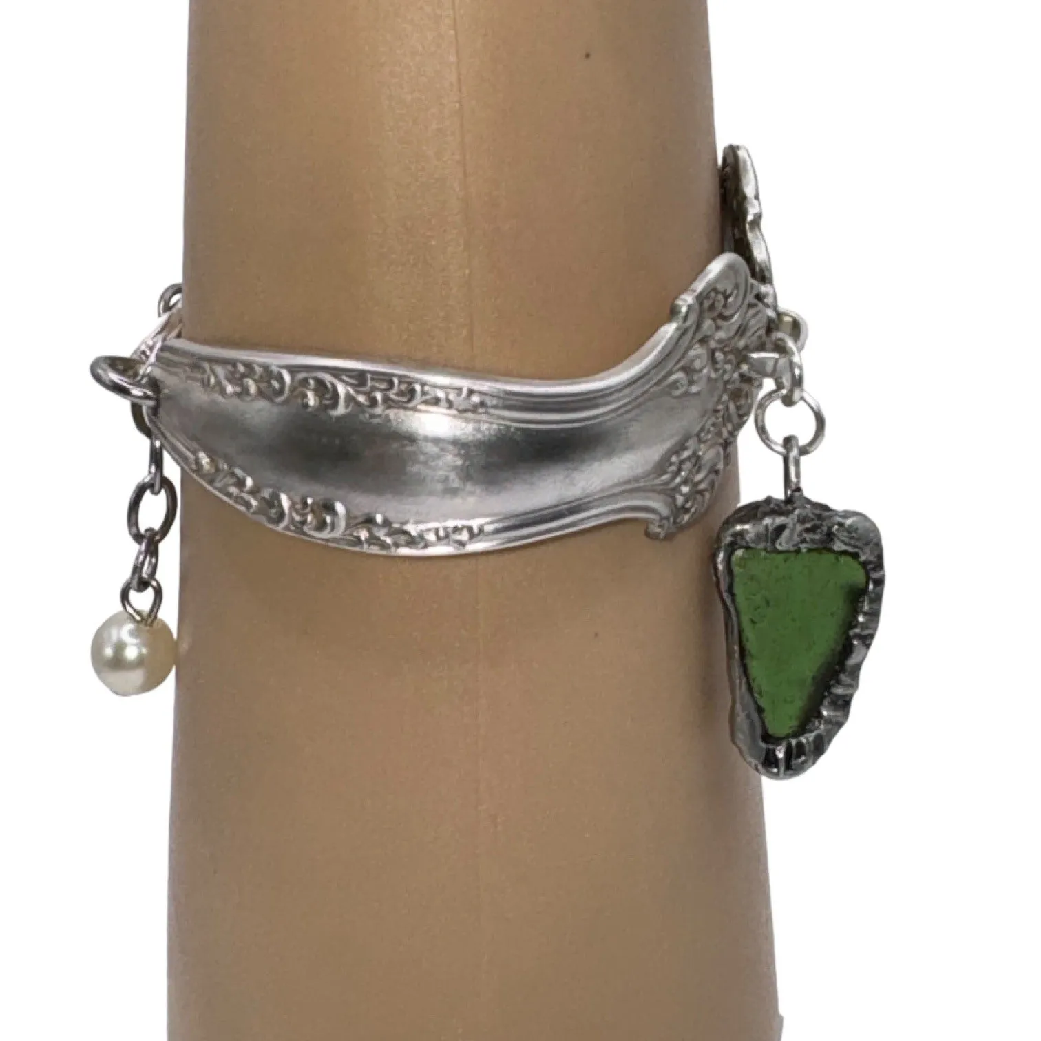 Sea Glass & Spoon Cuff Bracelet Artisan Crafted with Rogers Bros 1847 Spoons