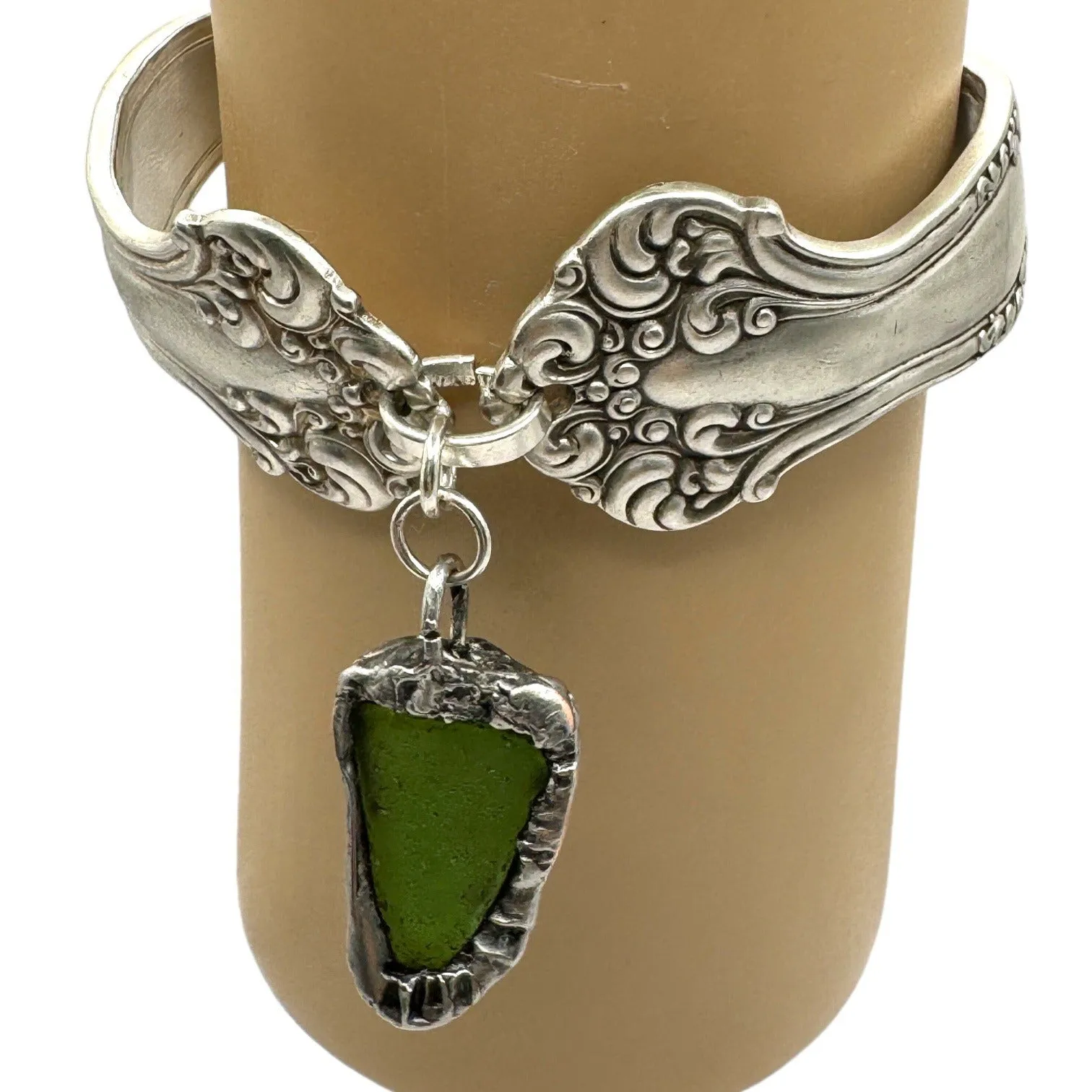 Sea Glass & Spoon Cuff Bracelet Artisan Crafted with Rogers Bros 1847 Spoons