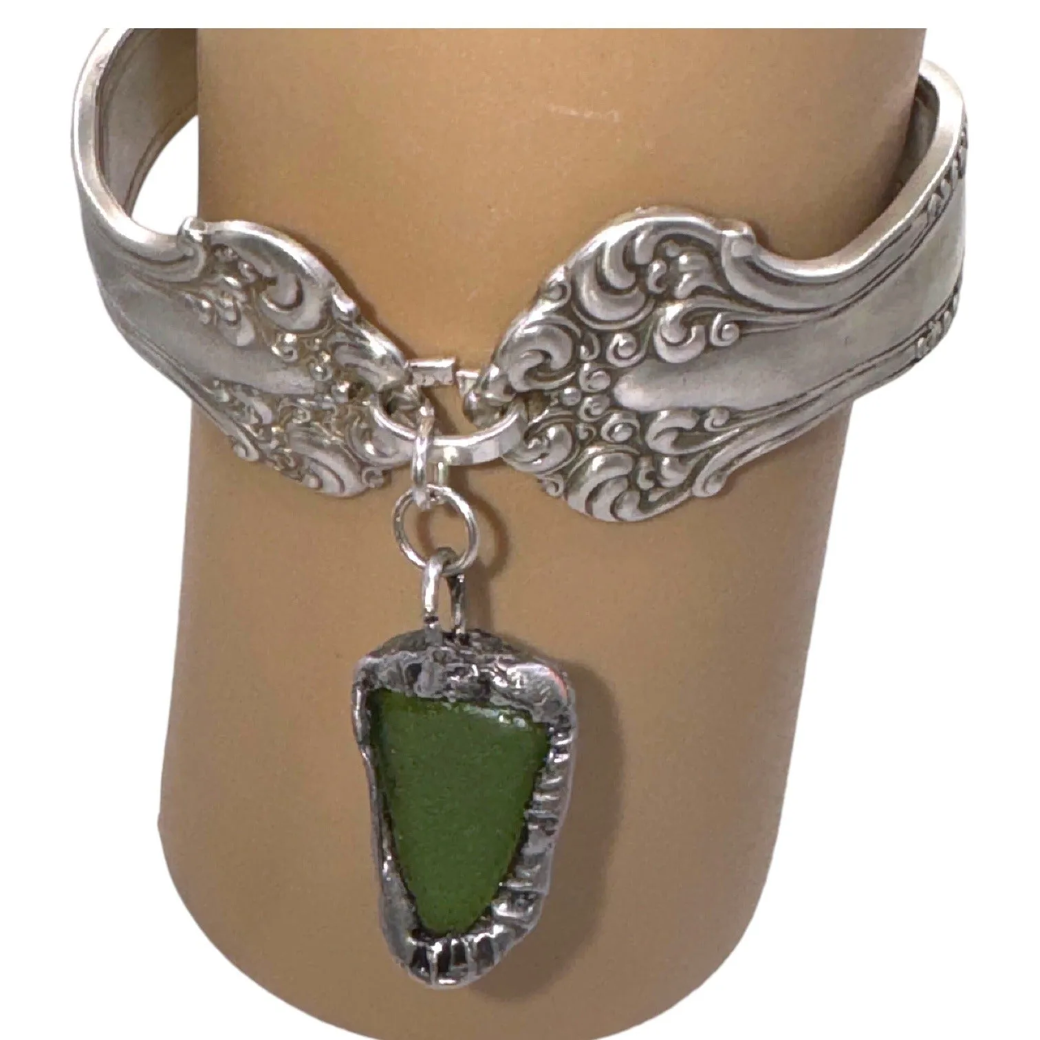 Sea Glass & Spoon Cuff Bracelet Artisan Crafted with Rogers Bros 1847 Spoons