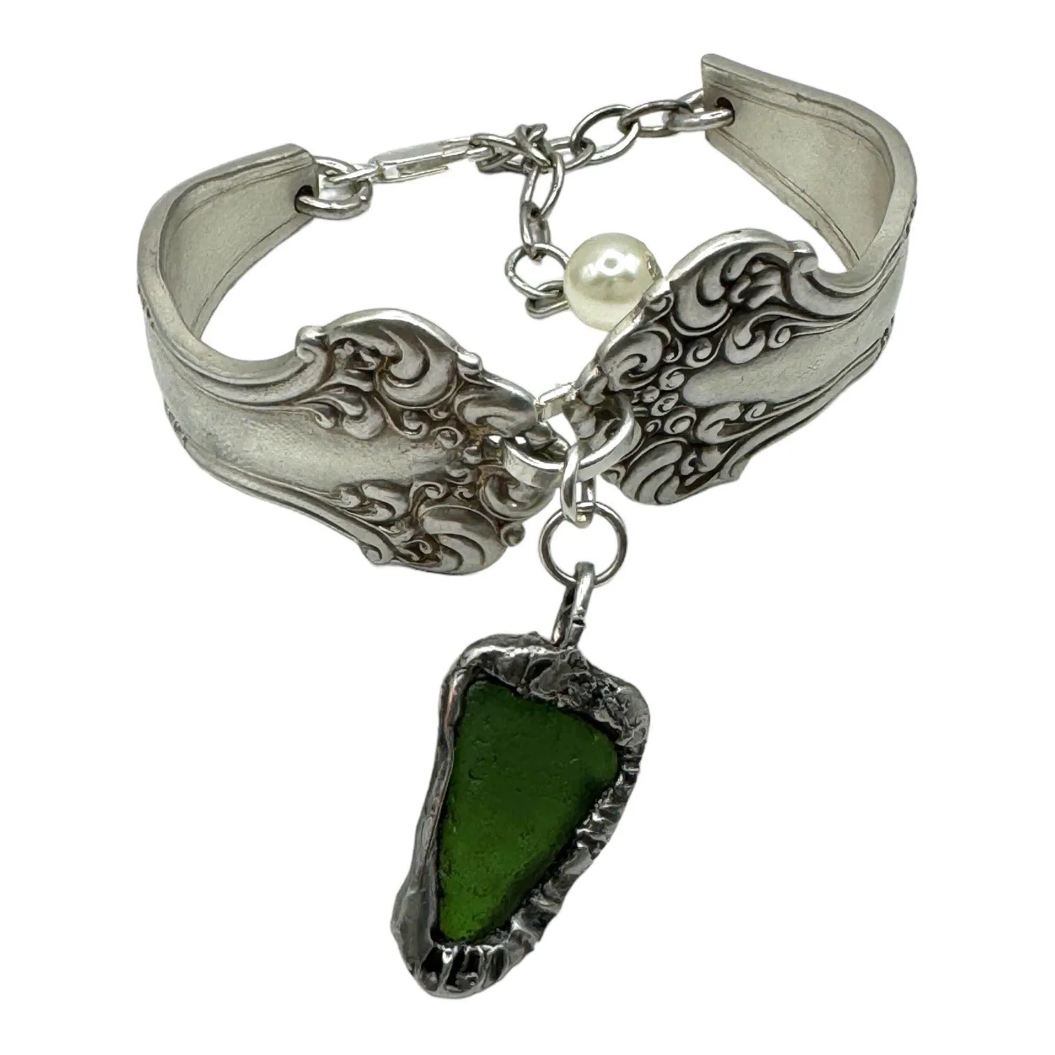 Sea Glass & Spoon Cuff Bracelet Artisan Crafted with Rogers Bros 1847 Spoons