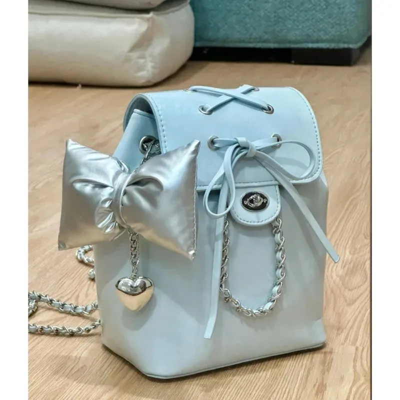 Sohiwoo Harajuku Blue Bow Y2k Backpack Women Fairy Core Aesthetic Chains Chic Mini Backpacks Female Sweet Cute Mochila Ladies