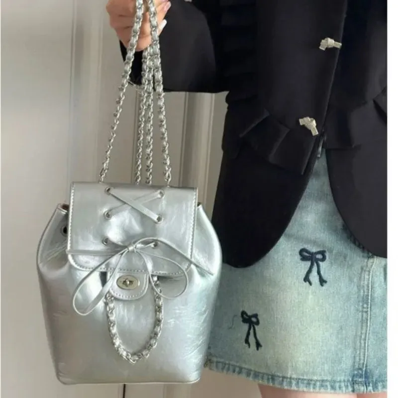 Sohiwoo Harajuku Blue Bow Y2k Backpack Women Fairy Core Aesthetic Chains Chic Mini Backpacks Female Sweet Cute Mochila Ladies