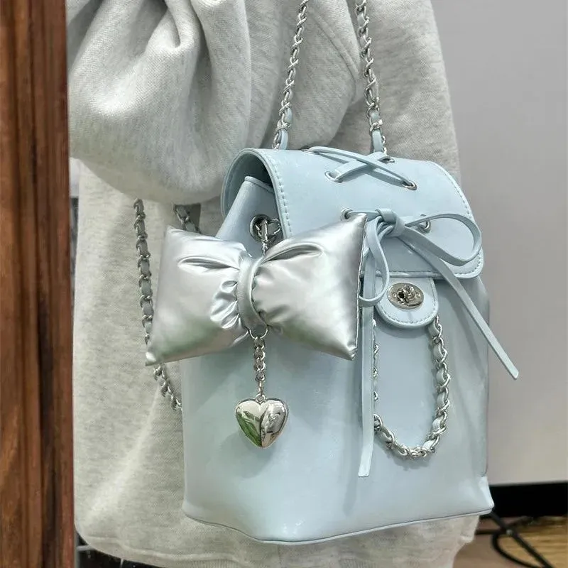 Sohiwoo Harajuku Blue Bow Y2k Backpack Women Fairy Core Aesthetic Chains Chic Mini Backpacks Female Sweet Cute Mochila Ladies