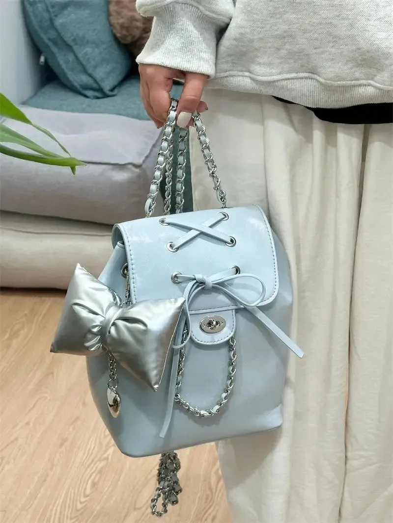 Sohiwoo Harajuku Blue Bow Y2k Backpack Women Fairy Core Aesthetic Chains Chic Mini Backpacks Female Sweet Cute Mochila Ladies