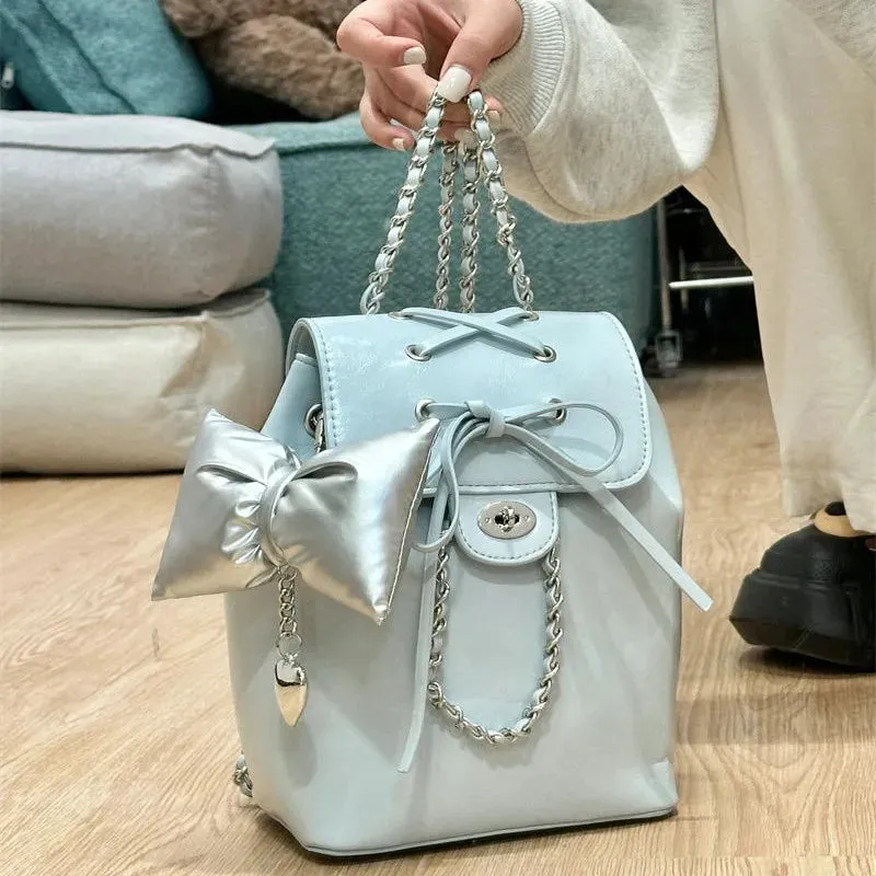 Sohiwoo Harajuku Blue Bow Y2k Backpack Women Fairy Core Aesthetic Chains Chic Mini Backpacks Female Sweet Cute Mochila Ladies