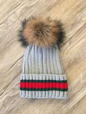 Striped Beanie | Grey-Natural Pom Pom