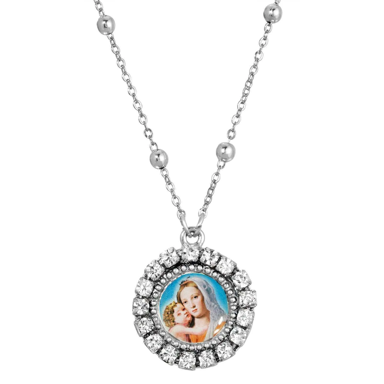 Symbols Of Faith Round Silver Bead Mother and Child Pendant Necklace 16"   3" Extender