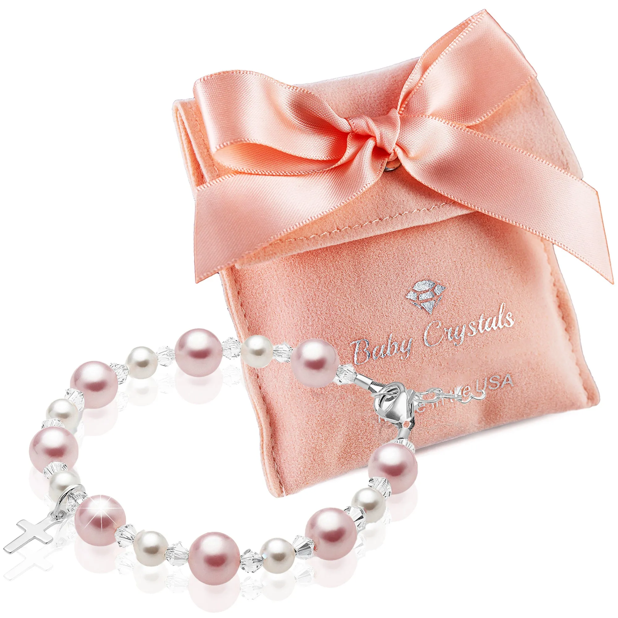 Toddler Baby Girl Baptism Bracelet Sterling Silver Cross Pink & White Pearl Clear Crystals