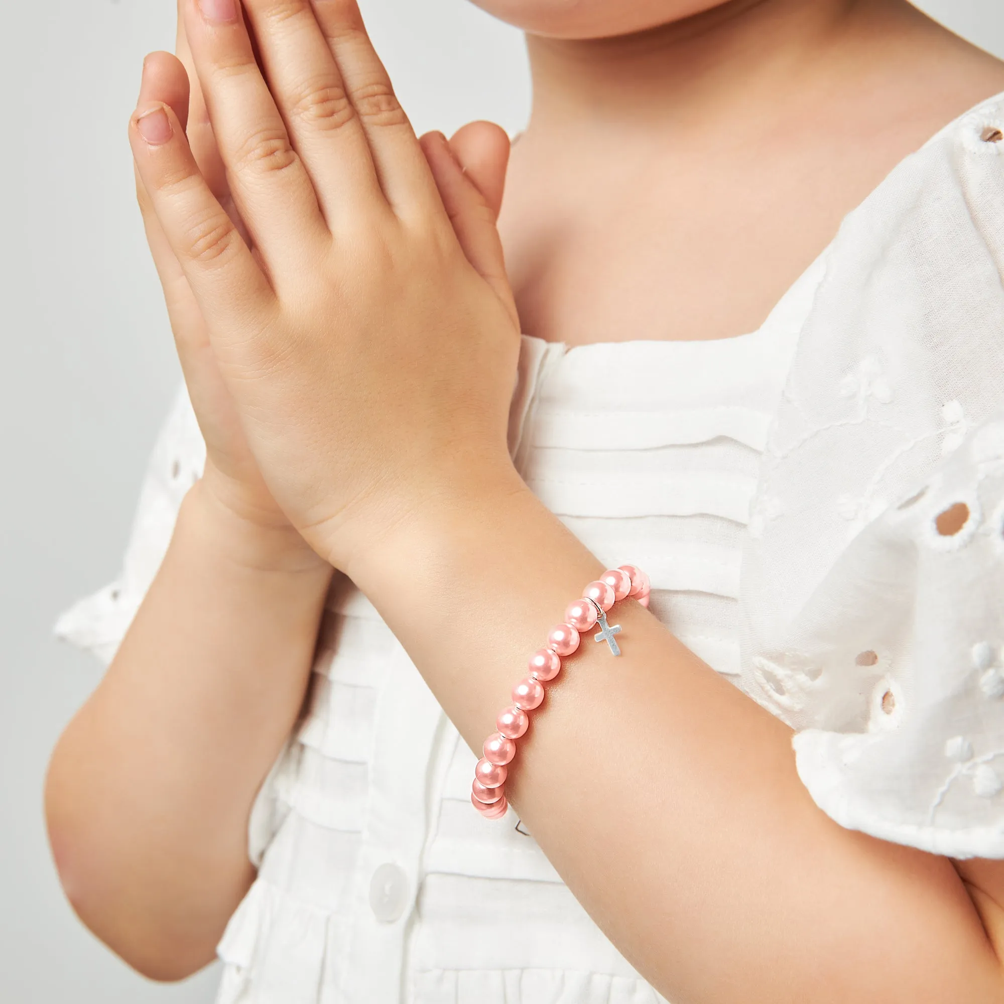 Toddler Baby Girl Sterling Silver Cross Baptism & Christening Pink Pearl Bracelet