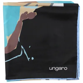 Ungaro Scarf Black Brown Aqua Floral - Twill Silk Square Foulard SALE