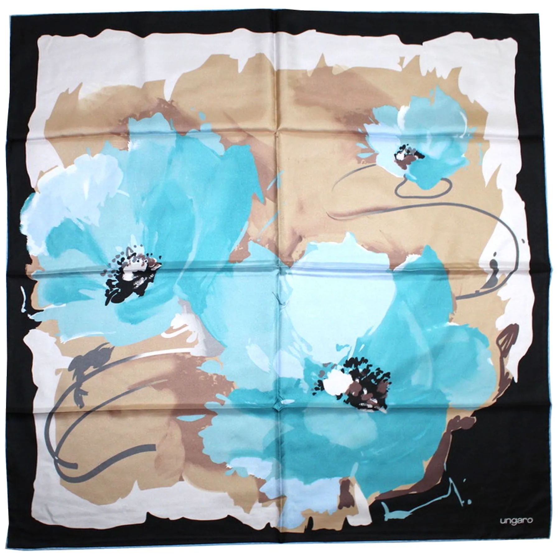 Ungaro Scarf Black Brown Aqua Floral - Twill Silk Square Foulard SALE