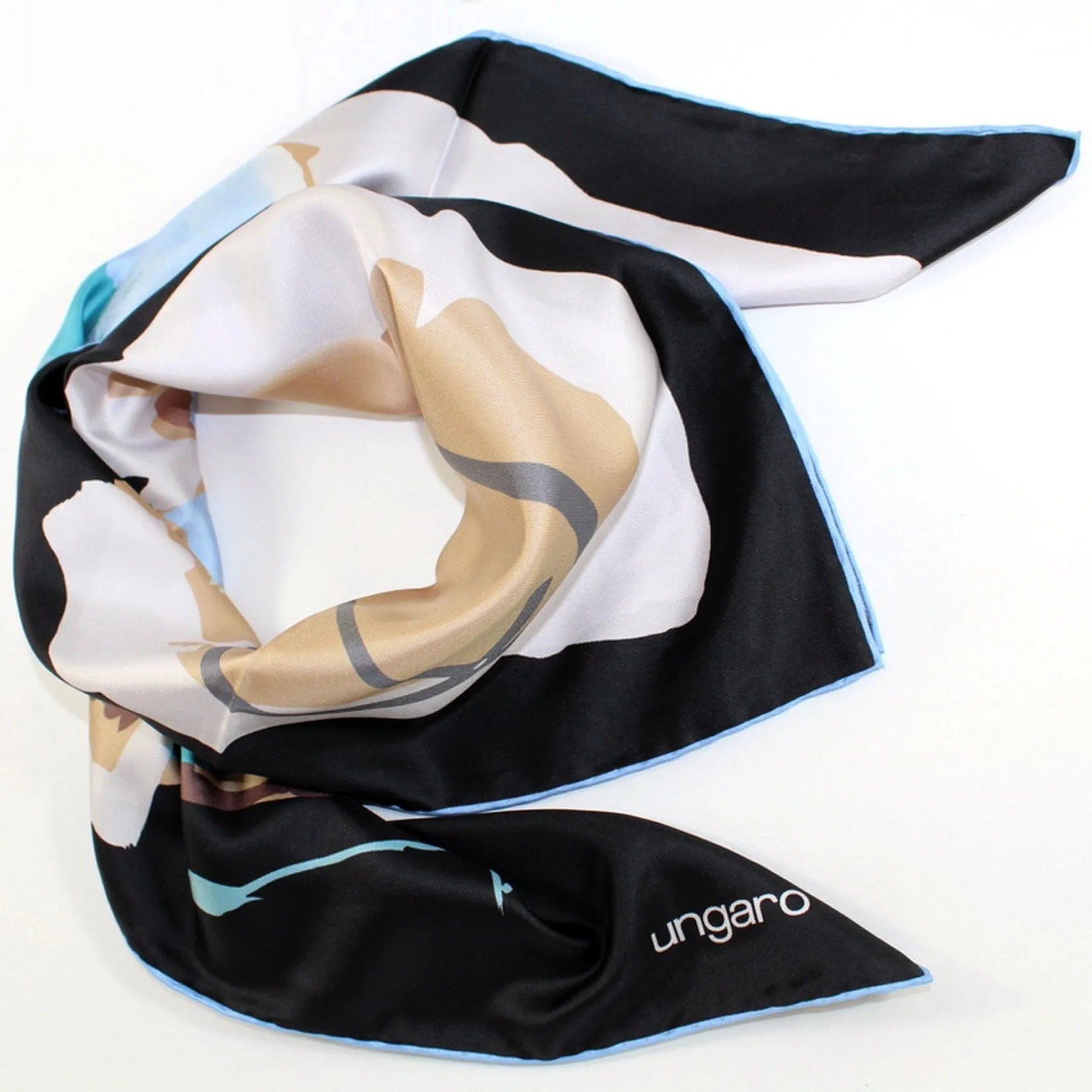 Ungaro Scarf Black Brown Aqua Floral - Twill Silk Square Foulard SALE