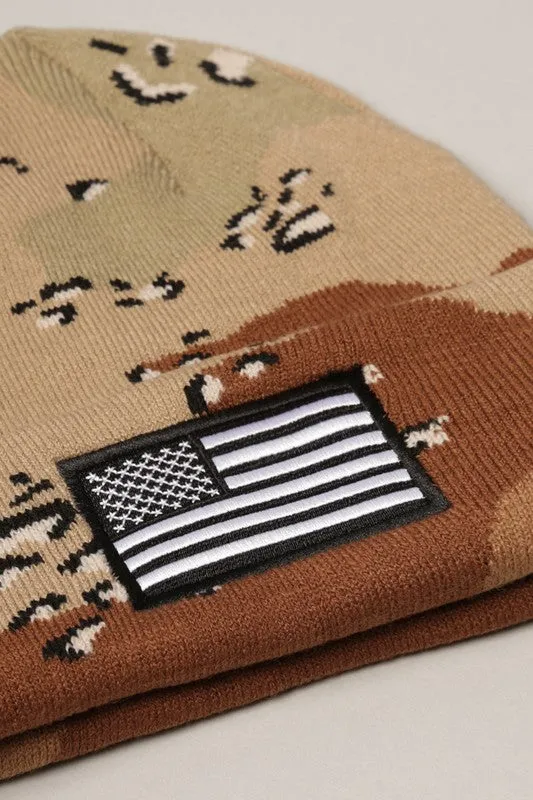 USA Flag Embroidery Patch Cuff Camo Beanie Hat