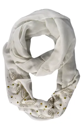 White Vintage Embellished Paisley Sequin Infinity Scarf Circle Loop