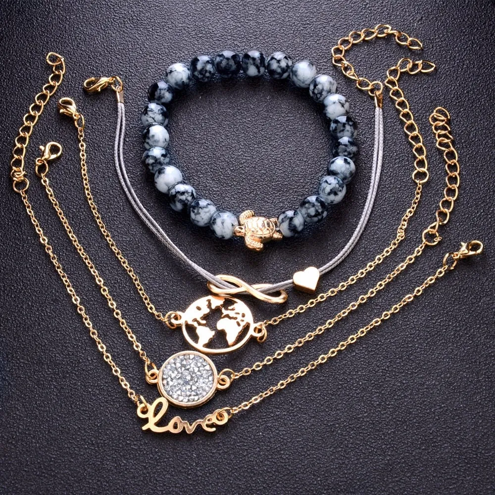 Women Fashion Jewelry Bohemian Turtle Charm Gold Color Bracelets Bangles Sets