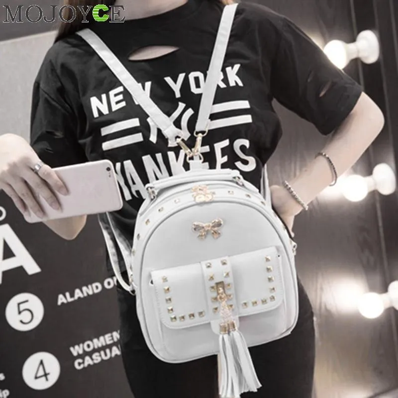 Women Leather Multifunction Tassel Rivets Backpack