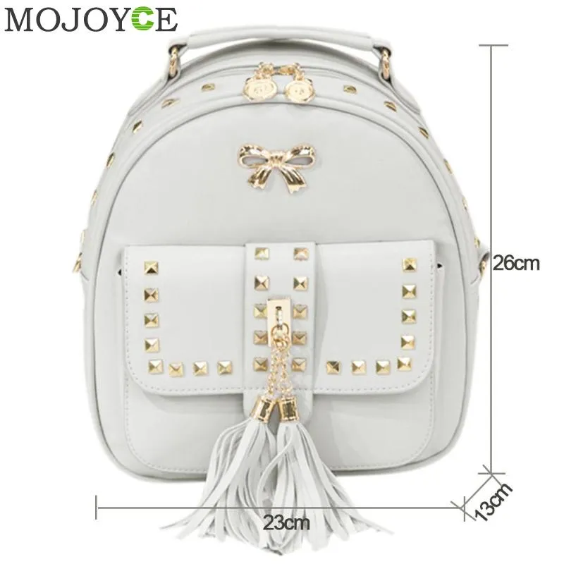 Women Leather Multifunction Tassel Rivets Backpack