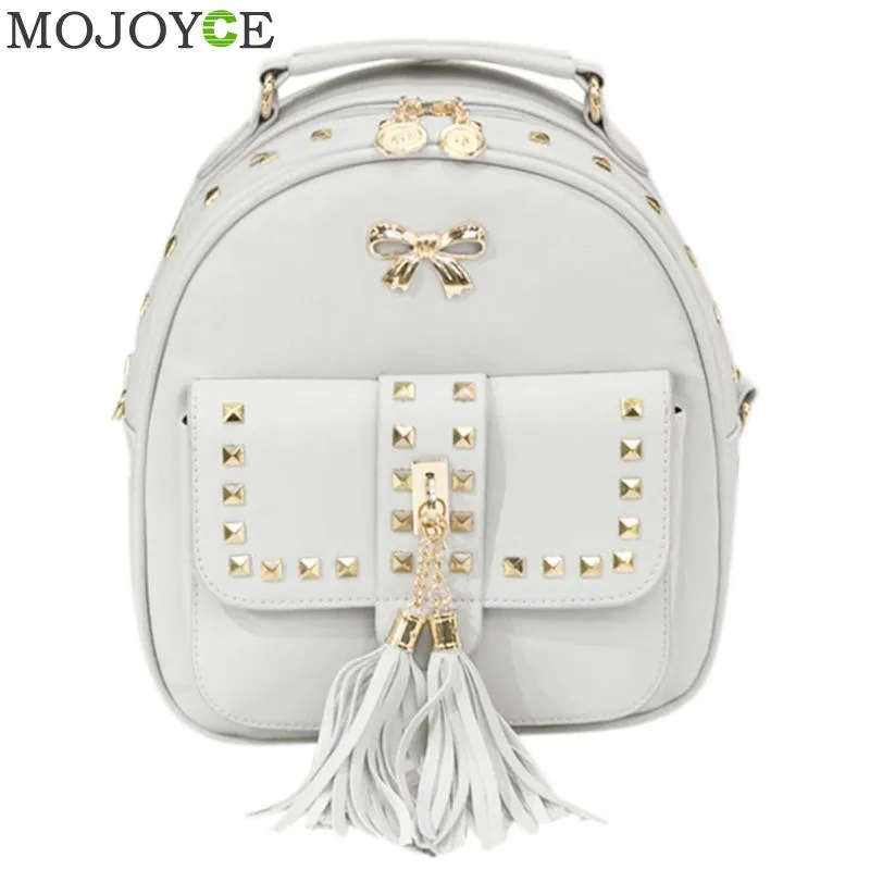 Women Leather Multifunction Tassel Rivets Backpack